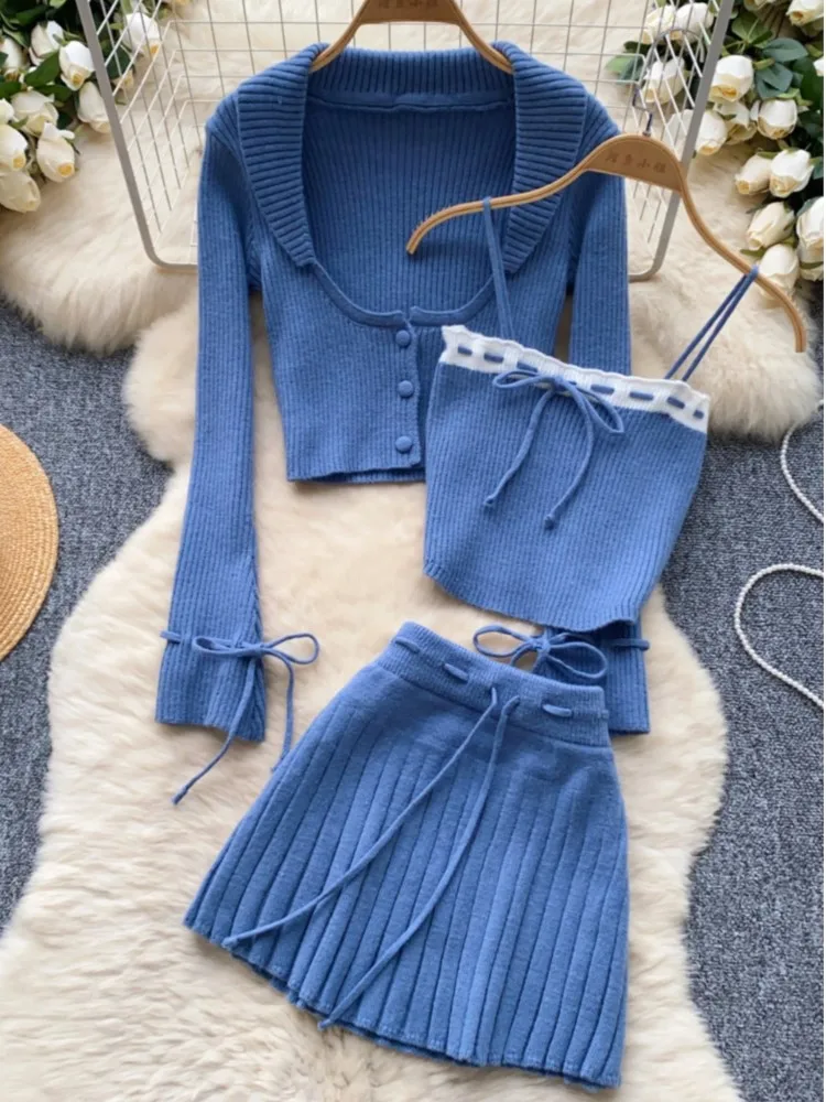 Y2k Sweet Outfits Woman Solid Knitted Cropped Patchwork Vest + Slim Cardigan + Mini Pleated Skirt Autumn Korean Chic 3 Piece Set