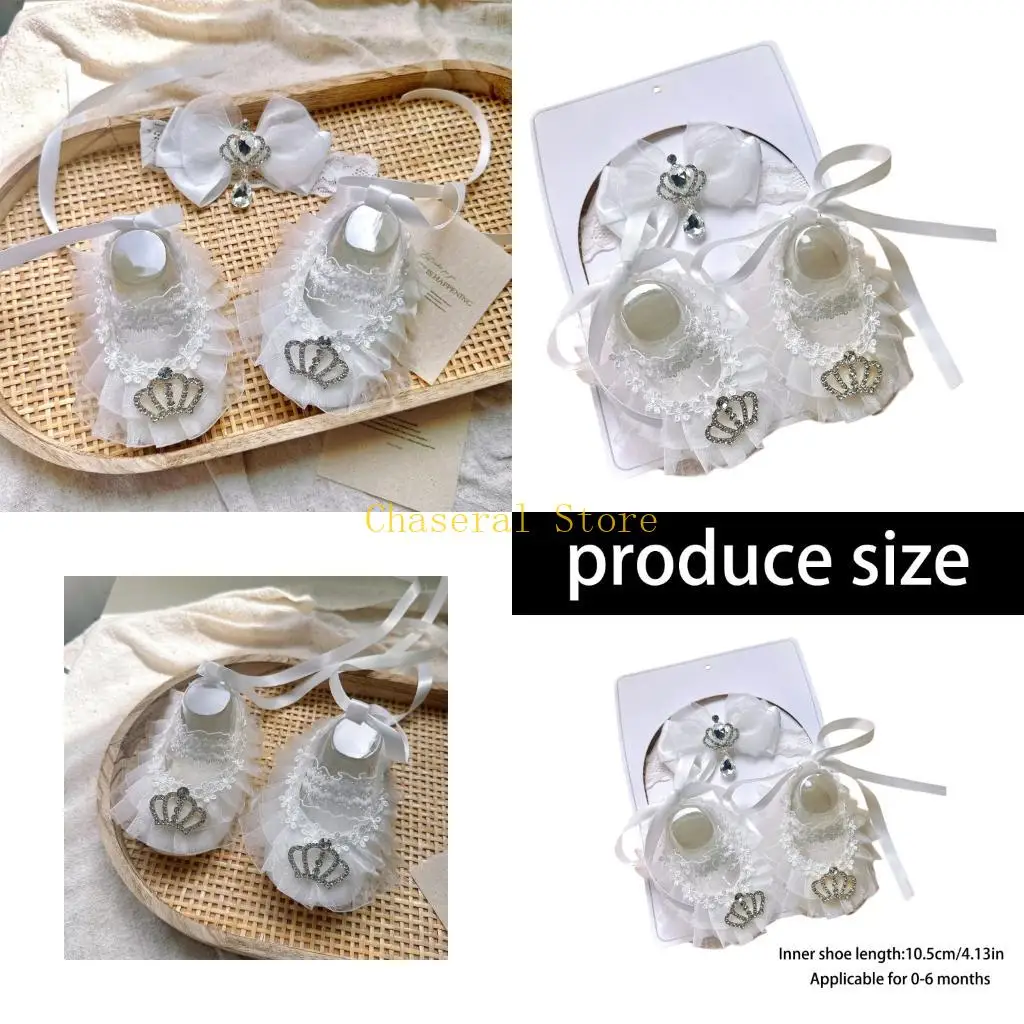

E7CE Baby Crowns Headband And Walking Shoes Set Soft Cotton Polyester