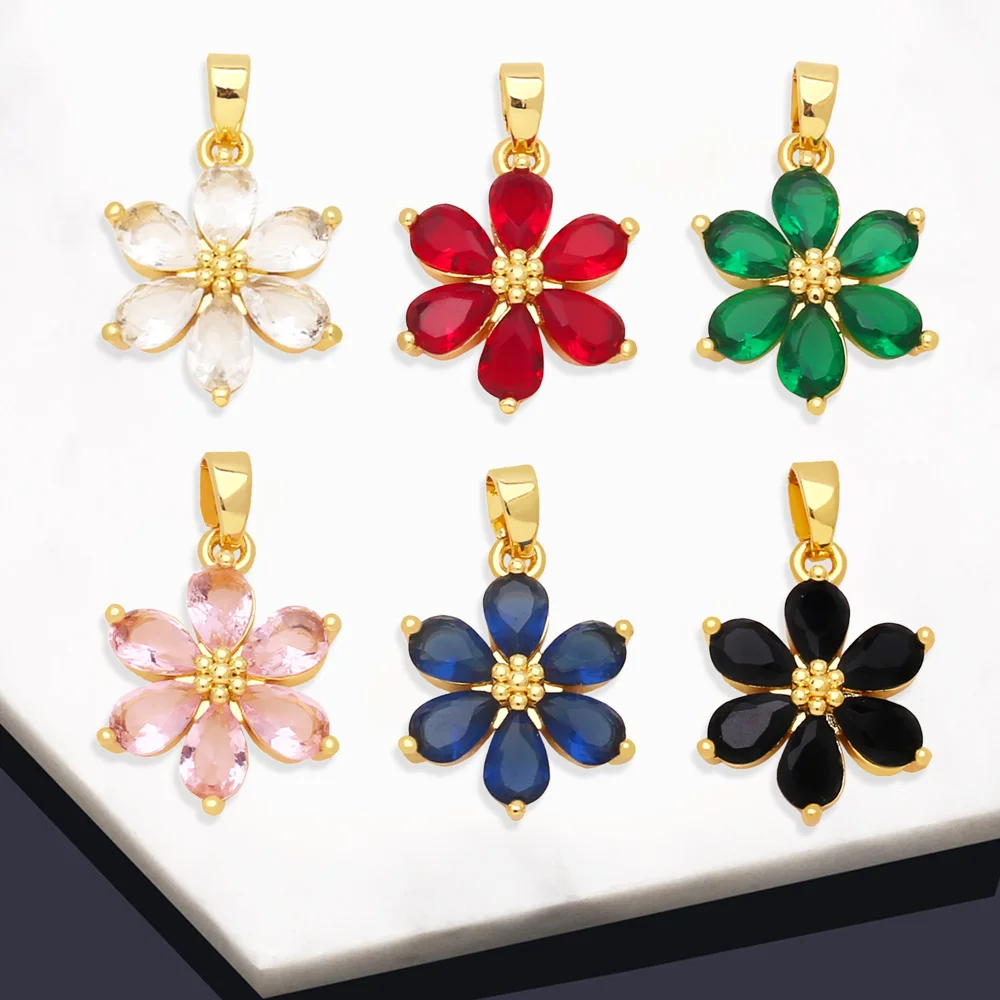 OCESRIO Multicolor CZ Flower Necklace Pendant Copper Gold Plated Crystal DIY Jewelry Making Component Wholesale Bulk pdta908