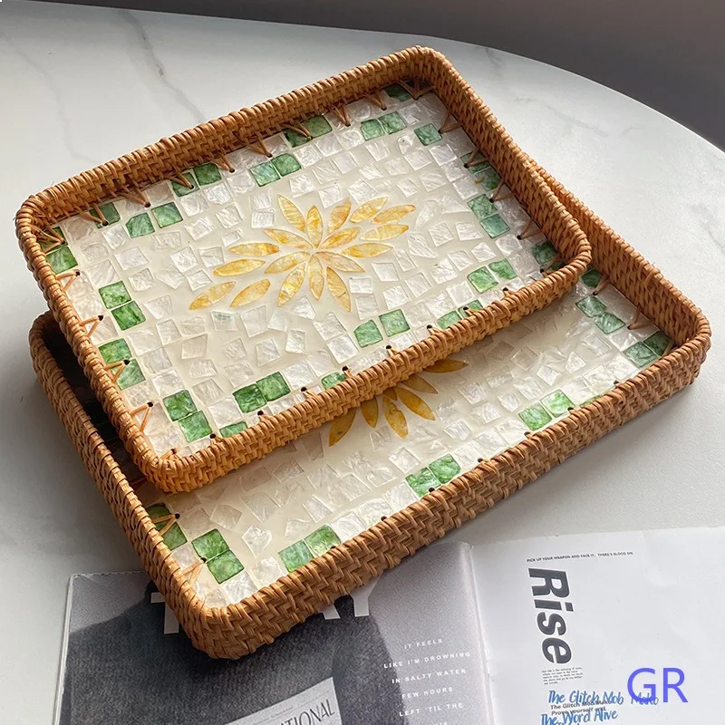 Natural Handwoven Rattan Shell Tray for Home Kitchen Decorative Storage Serving