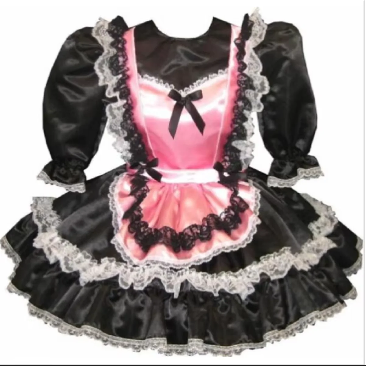 

Shrug Bubble Sleeve Hot Fit Black and Pink Satin Maid Adult Sissy Dress Custom