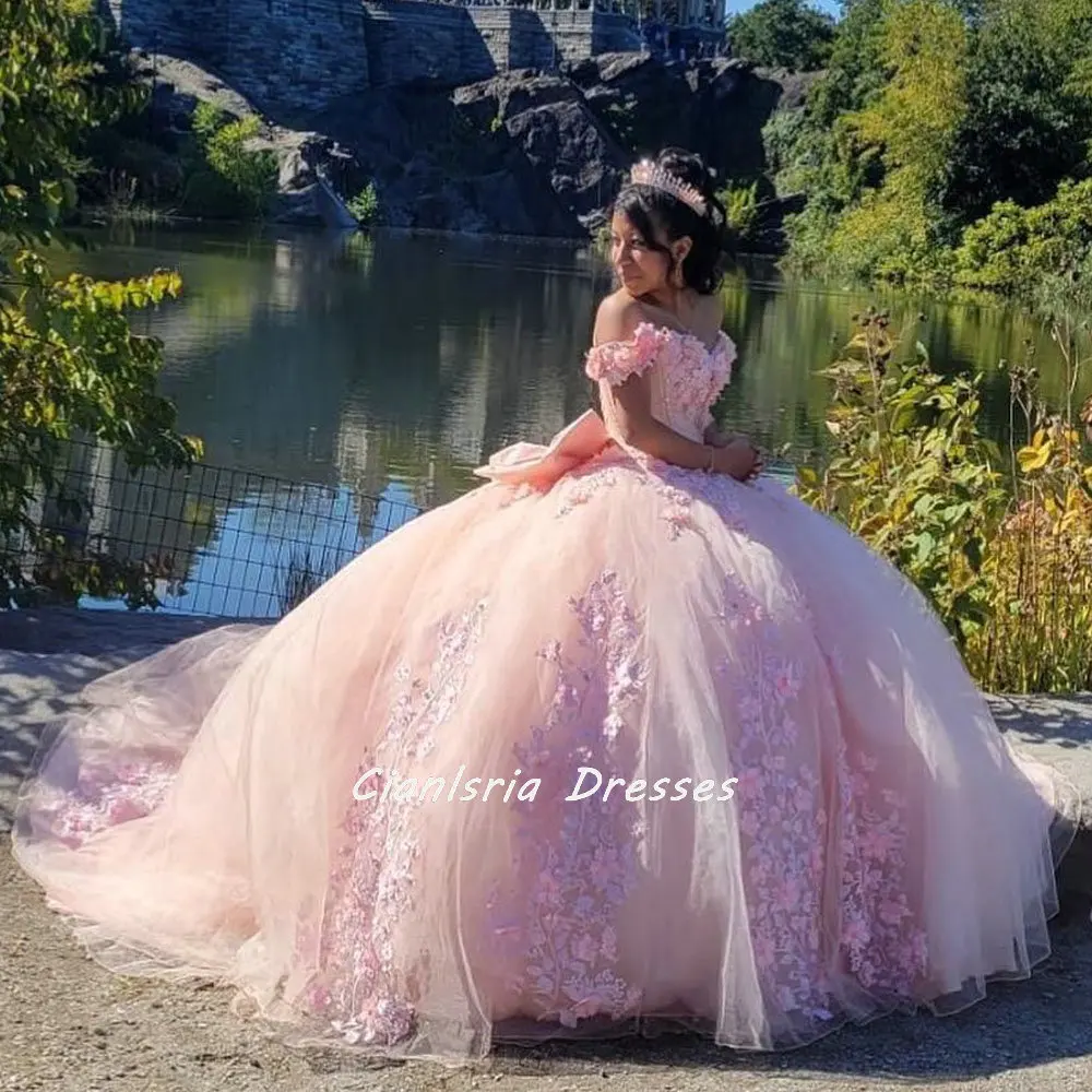 Vestido De princesa lazo De flores 3D rosa con hombros descubiertos, 15 Vestidos De vestido para quinceañeras