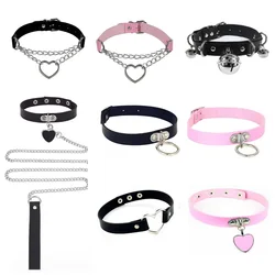 PU Leder Kragen Mit Einer Leine Cosplay Metall Kette Herz Anhänger Halskette Schmuck Punk Bdsm Slave Gothic Goth Halsband Für Frau