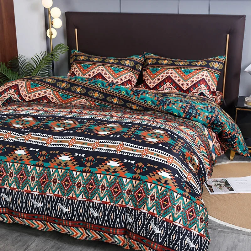 3pcs Boho Bedding Set Striped Geometric Duvet Cover and Pillowcases in Brown Ethnic and Traditional Style Soft Cozy Quilt Covers