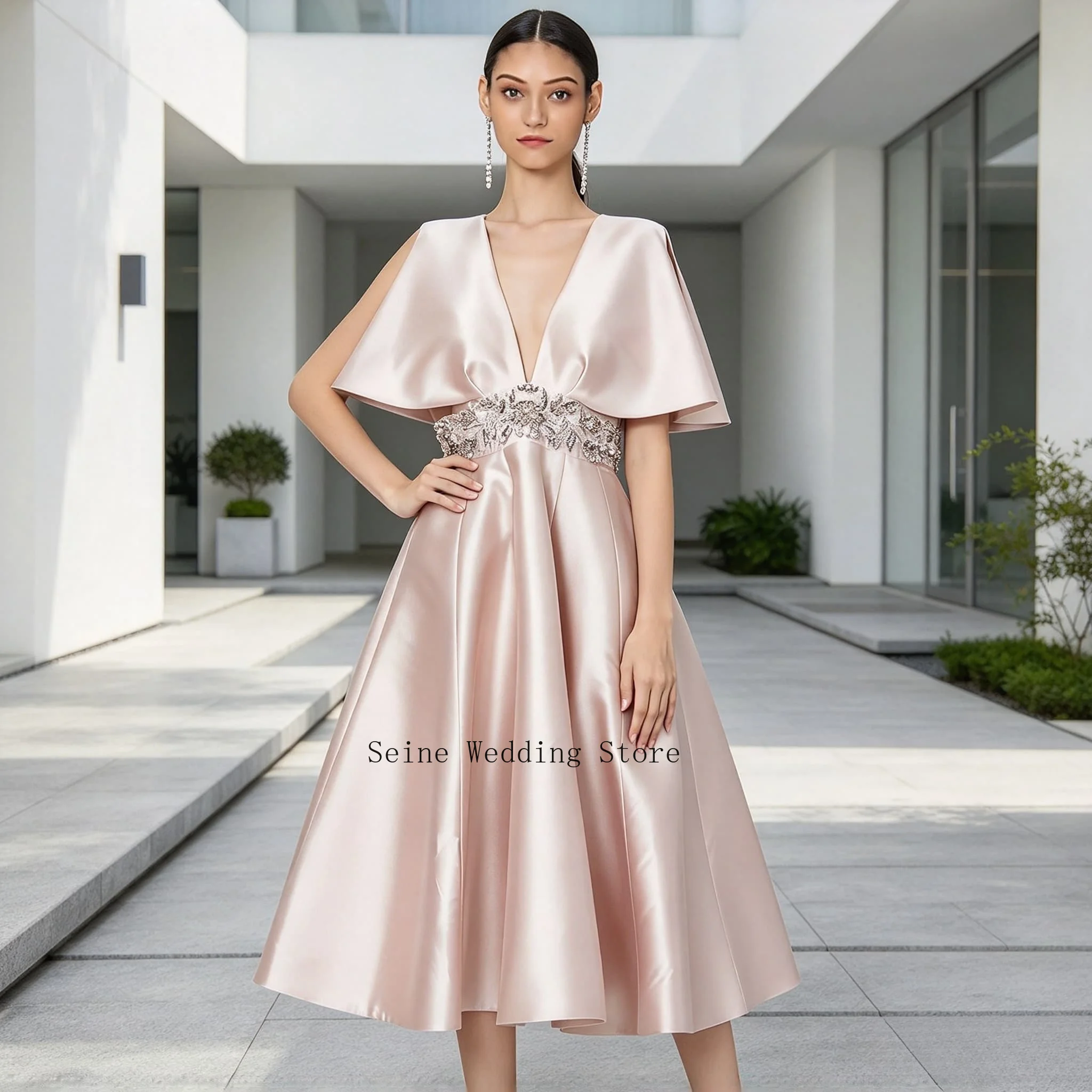 Customized Midi Satin Evening Dress with Crystal Beaded Waistband Deep V Neck Cape Sleeve A Line Cocktail Wedding Party Dresses