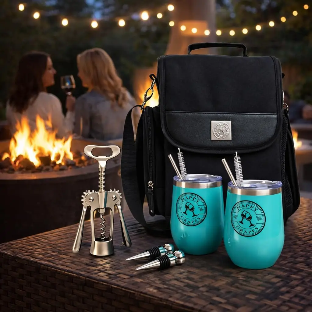 Insulated Wine Tote Bag, Stylish New Tote with Two Tumblers, Bottle Opener and Bottle Toppers, Portable Wine Carrier for Patio, Camping, Picnic, Pool, Travel, Festivals, Showers, Parties and Concerts