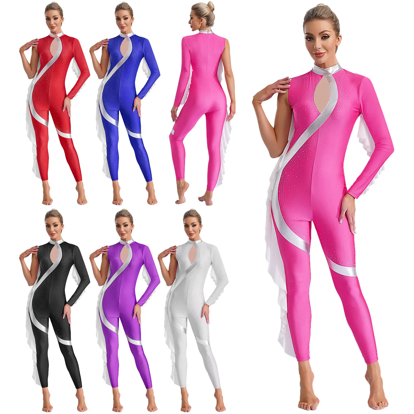 Frauen Eiskunstlauf Overall Eine Schulter Glänzende Strass Mesh Trikot Dancewear für Ballett Tanz Gymnastik Akrobatik Yoga