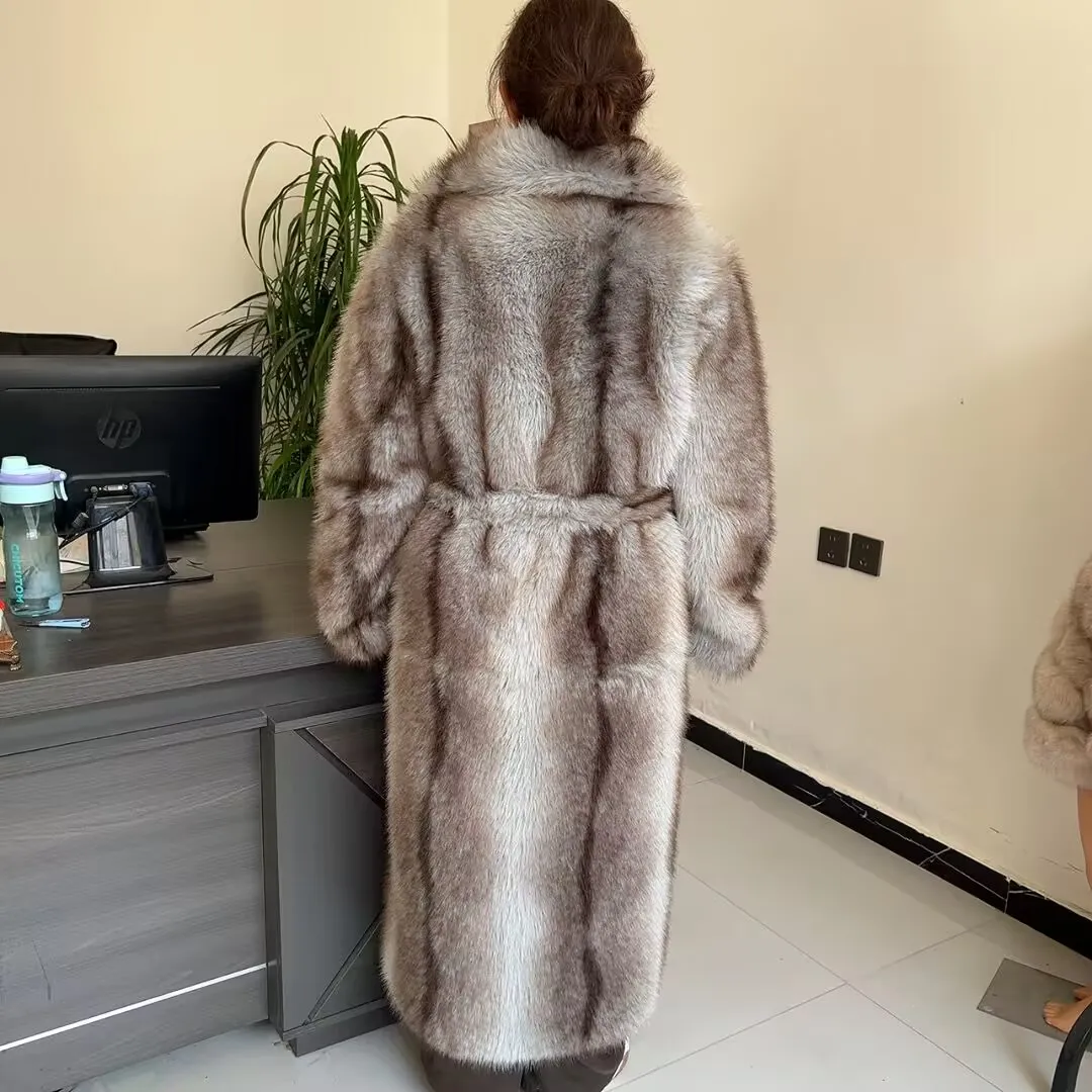 LHXDW New Style Women's Faux Fur Coat Long Waistband Design New Style with Black Imprint and Large Collar Faux Fur Jacket
