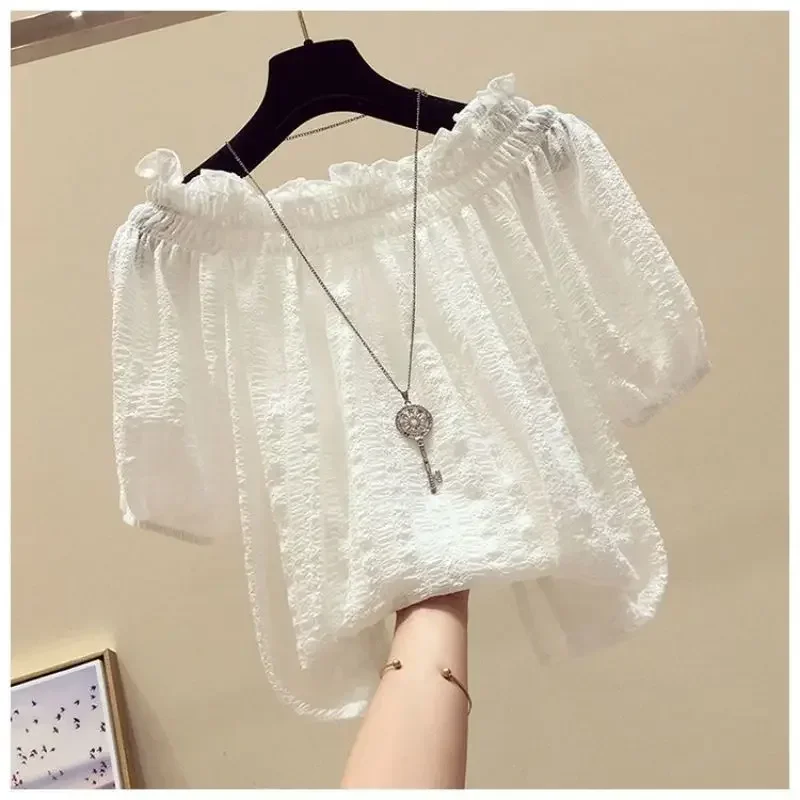 Black Casual Slash Neck Puff Sleeve Chiffon Pullover Women's Blouse Shirt Female Clothing Tops Fashion Short Blouses 2025