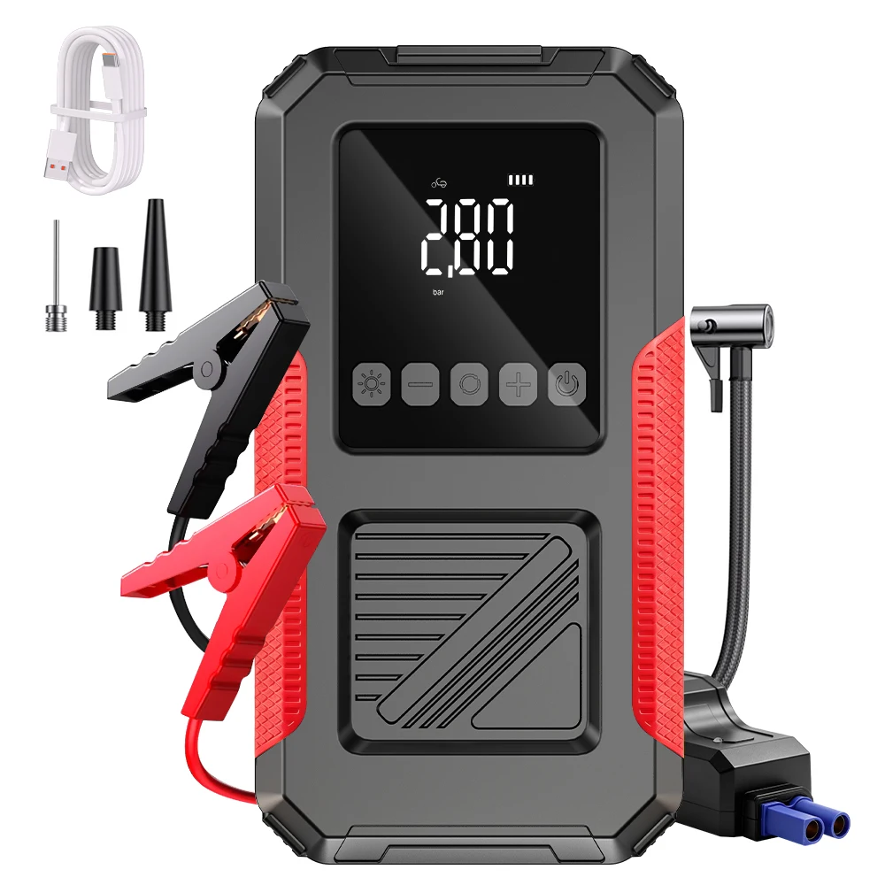 Avviatore di emergenza per auto, batteria per l’avviamento, strumenti per la riparazione, pompa per il gonfiaggio degli pneumatici, clip di emergenza per auto, 6000 mAh, adatto per SUV, camper,
