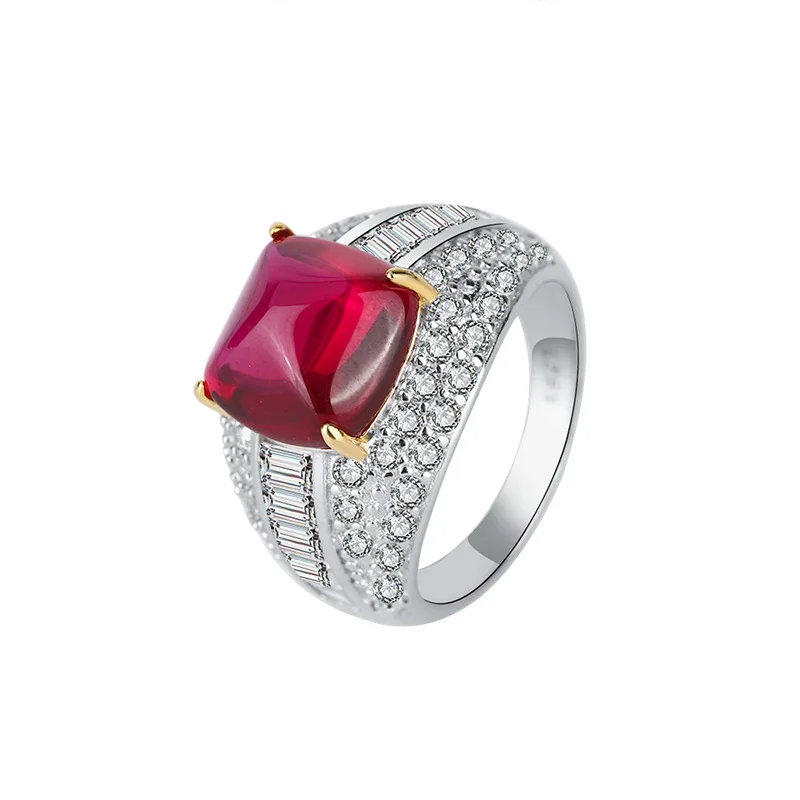 

S925 Silver Colored Treasure Pigeon Blood Red Treasure Sugar Tower Full Set Ring Main Stone 10 * 10 Jewelry