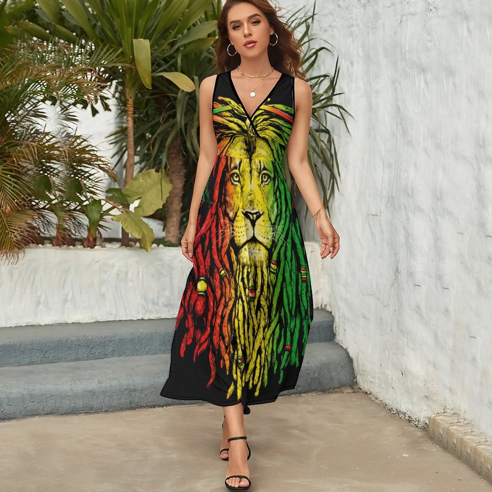 Rasta Rastafarian Reggae Earphone Lion Dress Street Wear Boho Beach Long Dresses Women Modern Graphic Maxi Dress Gift Idea