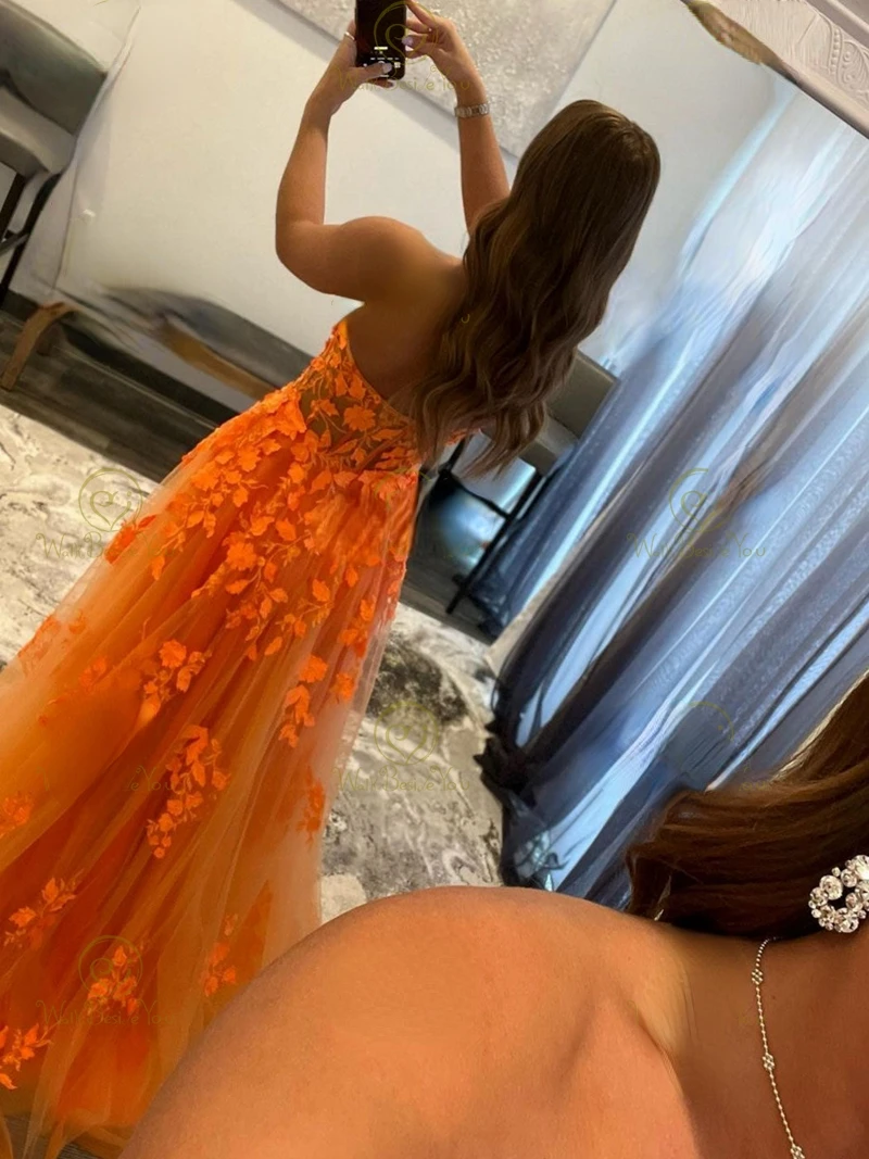 Oranje Kant Applicaties Prom Dresses Illusion Sweetheart Strapless Tulle Een Line Sweep Trein Avondjurken Afstuderen Partij