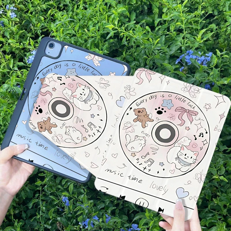 Kitten Muziek Record Tablet Case voor 2020 Pro 11 Ipad 2017 10.5 Inch 7 8 9e 10.2 Funda Cover IPad 10e Generatie Tri-fold Funda
