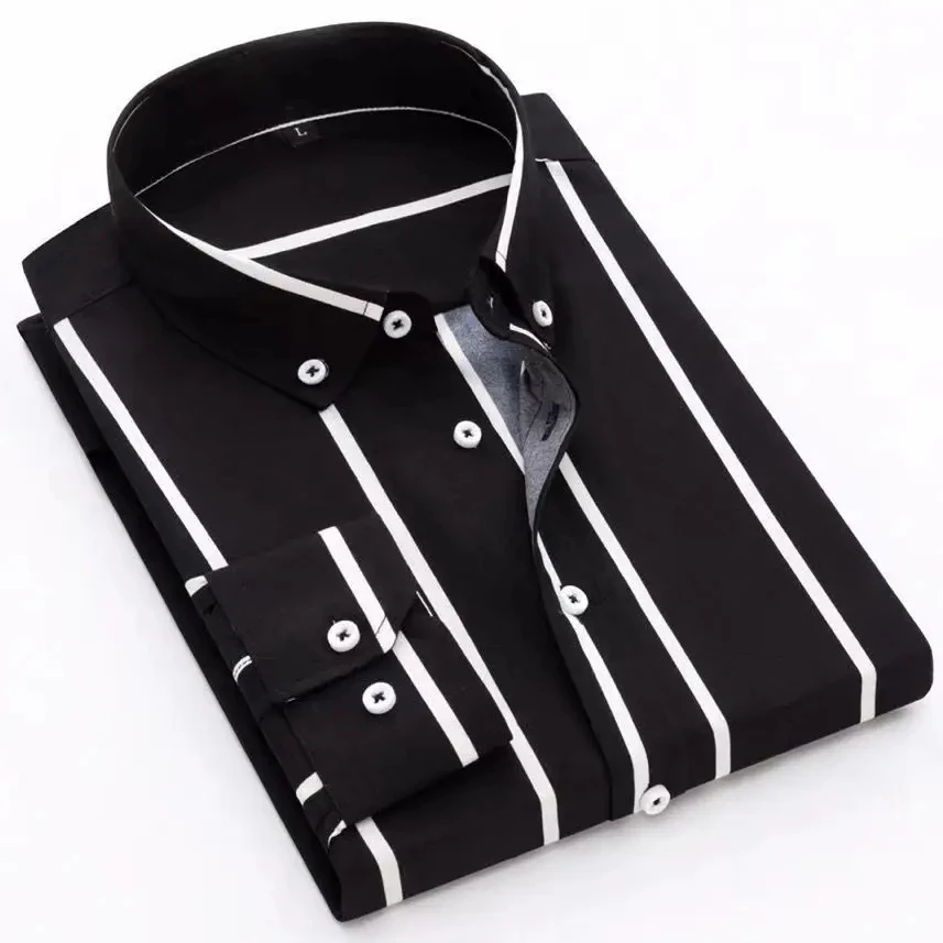 Men\'s Striped Shirt Long Sleeve All-Match Slim Fit Korean Fashion Black Blue Print Shirts Non-iron Casual Business Dress Shirts