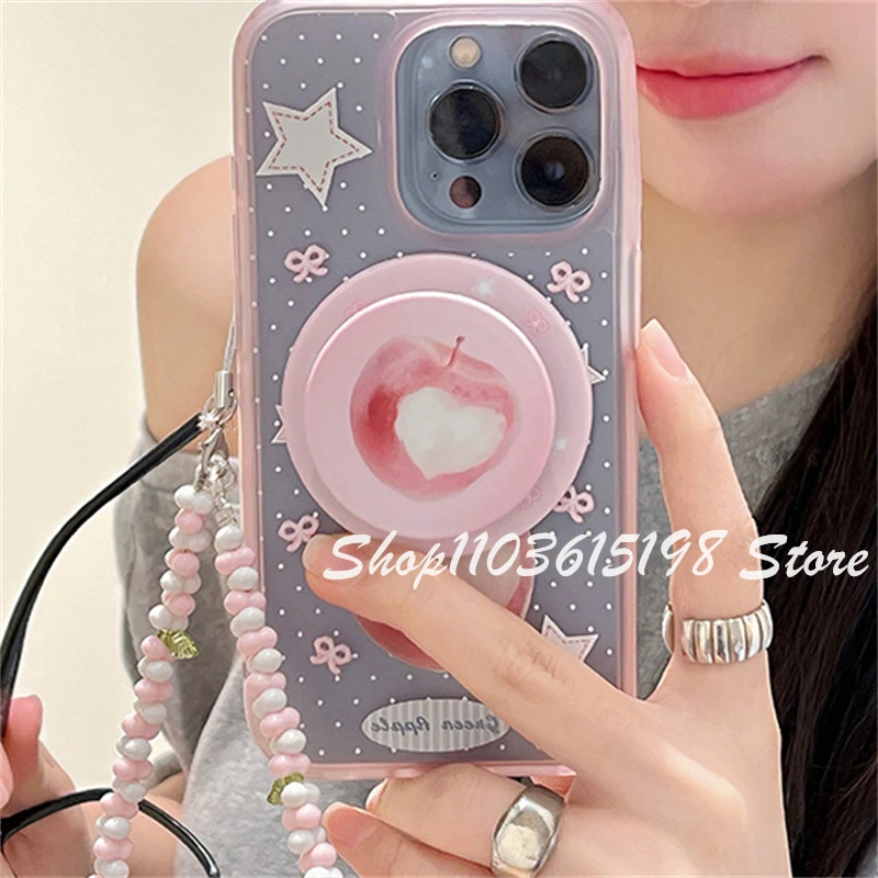 

Korea Cute Cartoon Pink Apple Magnetic Holder Phone Griptok Grip Tok Stand Support For iPhone For Magsafe Accessories Smart Tok