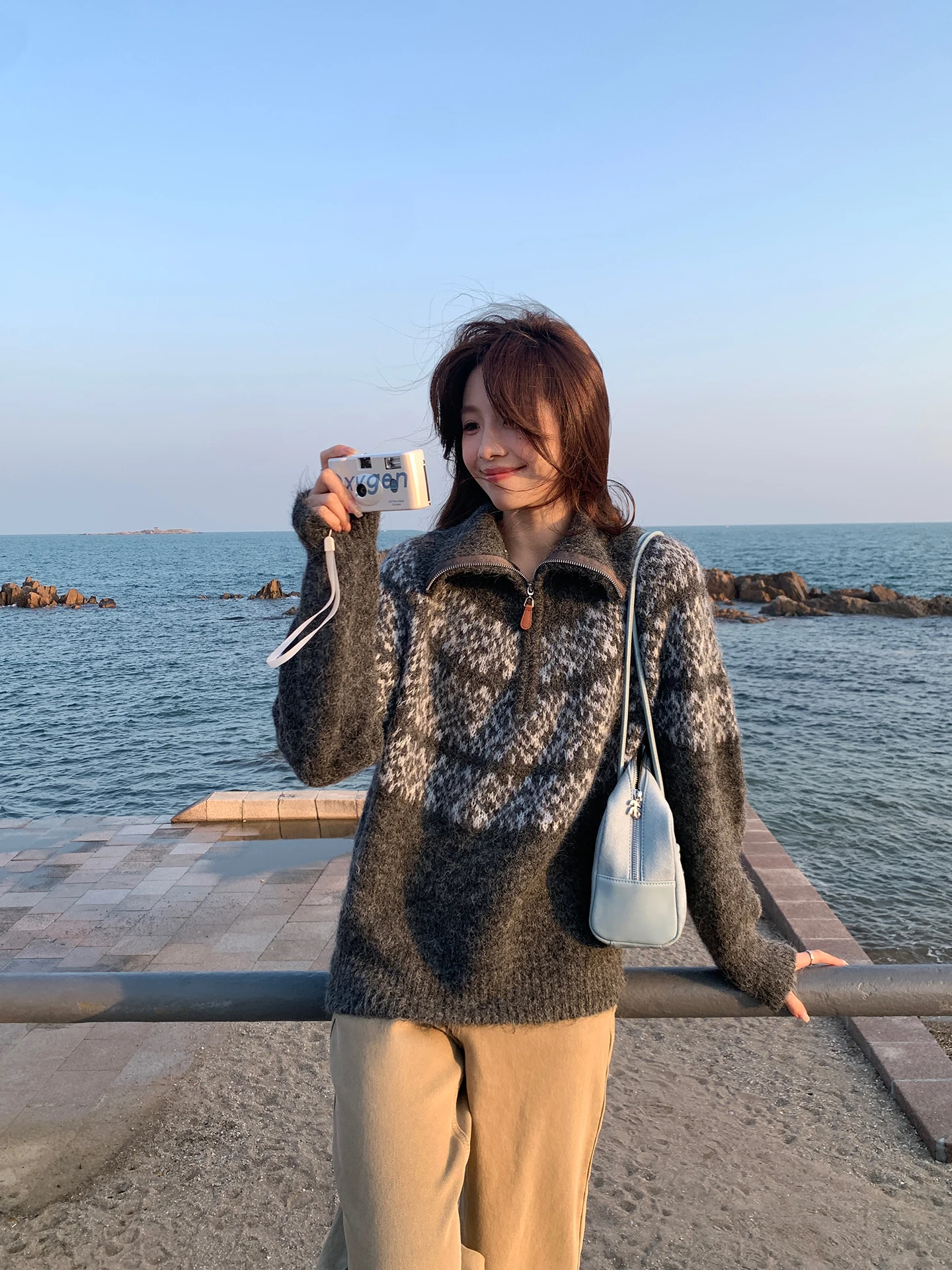 

ay Wool Blend High Ne Zipper Sweater Winter Warm Faion Korean Sle Retro Wool Content Snug Fit Long Sve Knitted Swe...