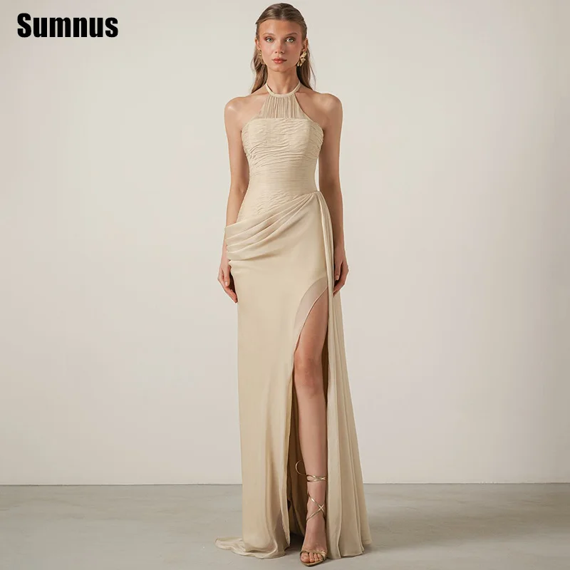 

Sumnus Simple Mermaid Prom Dresses Ivory Halter Pleats High Slit Sleeveless Maxi Formal Evening Dresses Vestidos Gala Customized