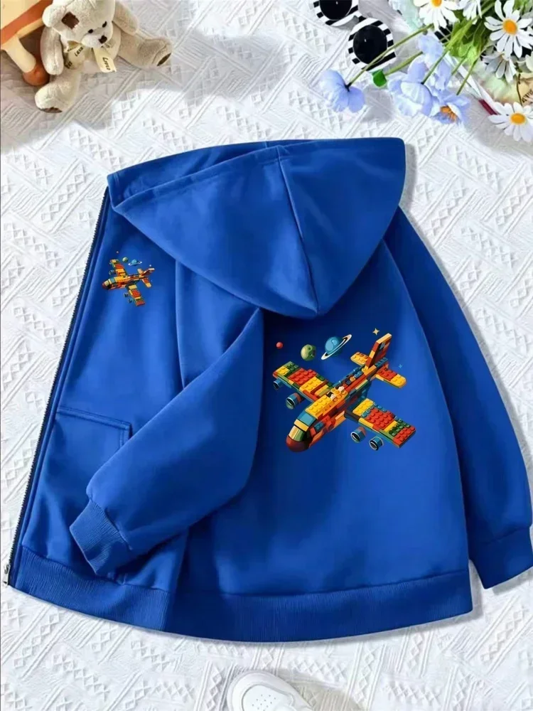 Space Block Airplane Full Zip Hoodie Blue Colorful Brick Plane Planet Print Long Sleeve Casual Streetwear For Little Boys