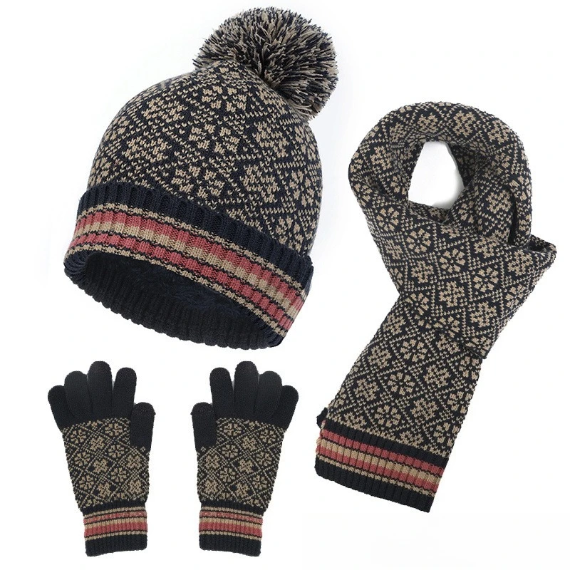 3Pcs Knitted Hat Gloves and Scarves Sets Winter Outdoor Warm Cold-Proof Hat Kit Unisex Fashion Printed Gloves Scarf Pullover Cap