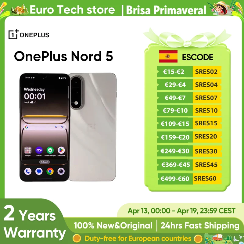 Smartfon OnePlus Nord 5 5G Snapdragon 8s Gen 3 6,83” Wyświetlacz AMOLED 144 Hz 5200mAh Ładowanie 80W SUPERVOOC Podwójne Aparaty 50MP