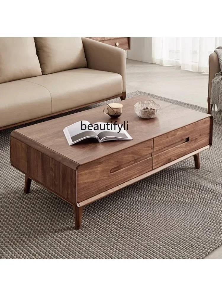 LXBlack Walnut Wood Solid Wood Coffee Table  Small Apartment TV Cabinet Combination North American Furniture HouseholdSSS