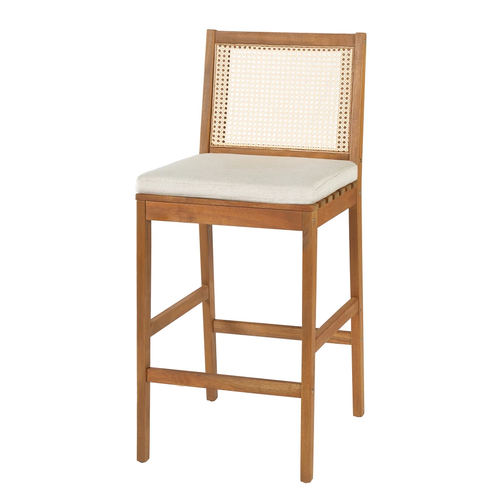 Kirkby Outdoor Barstool with Cushion, Teak Finish Wood with Yellow Wicker, Set of 4