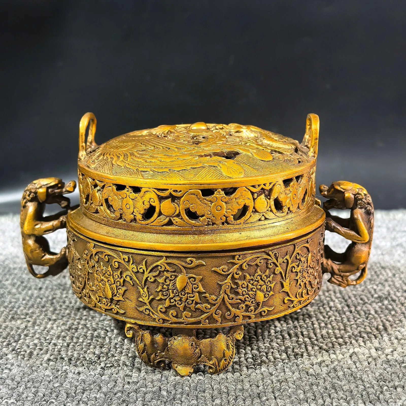 Brass Dragon Phoenix Censer Exquisite Carving Auspicious Luck Incense Burner