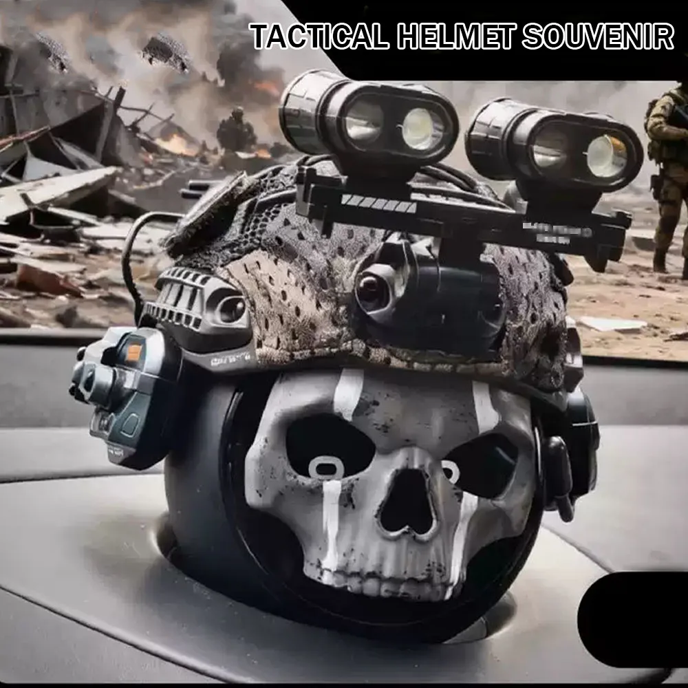 

Tactical Helmet Model with Night Vision, Dark Ghost Skull Style, Mini Military Gear Souvenir, Cool Car Desktop Decoration