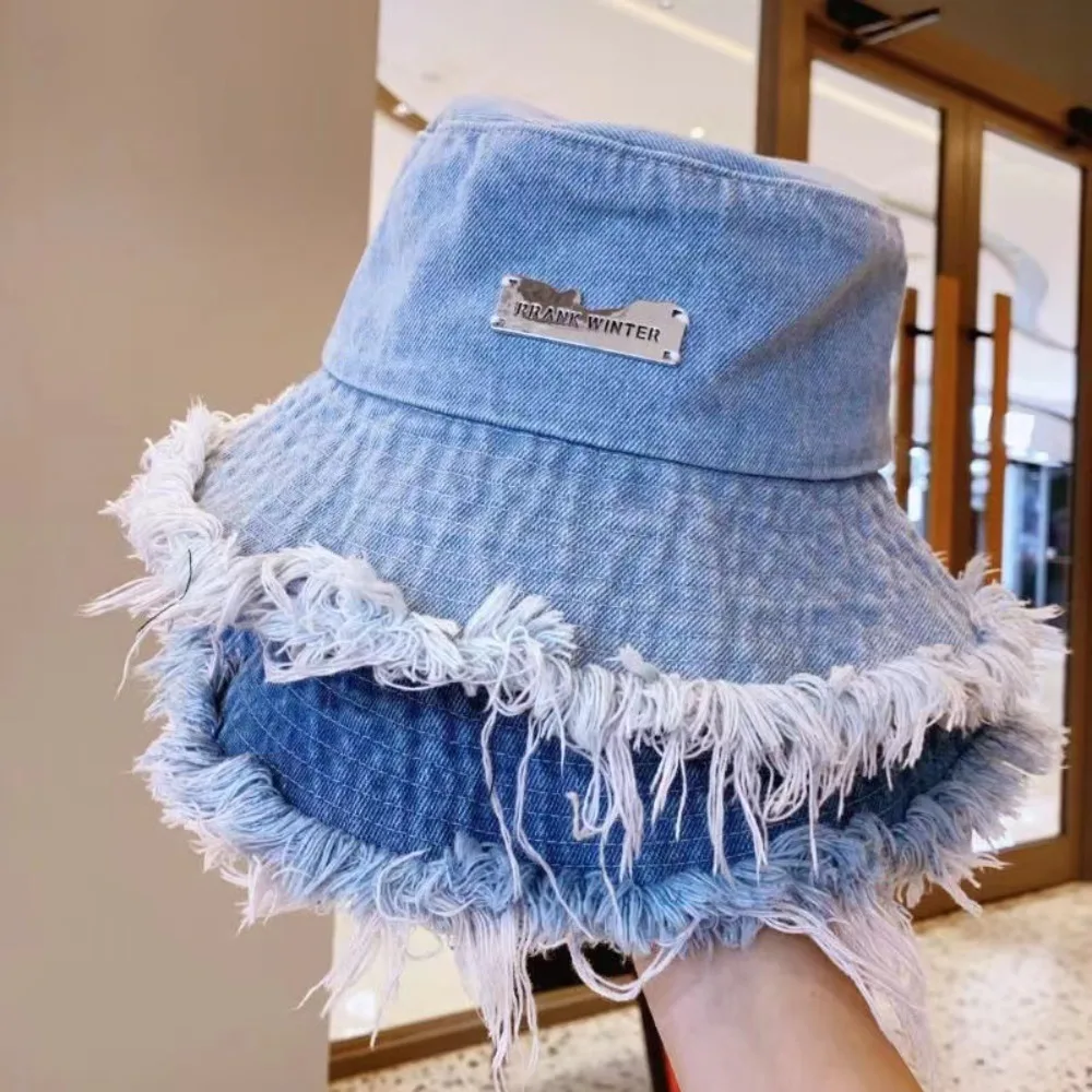 Summer Unisex Tassel Washed Denim Bucket Hats Fashion for Women Wide Brim Foldable Panama Cap Outdoor Beach Fisherman's Hat