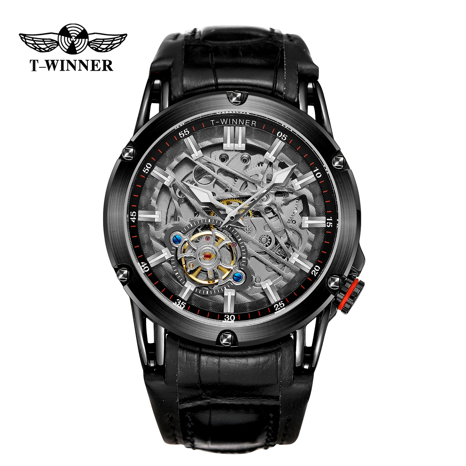 T-WINNER 2025 New Charming Luxury Men's Watch Skeleton Automatic Mechanical Wristwatch Rivet Inlay Genuine Leather Fashion Clock