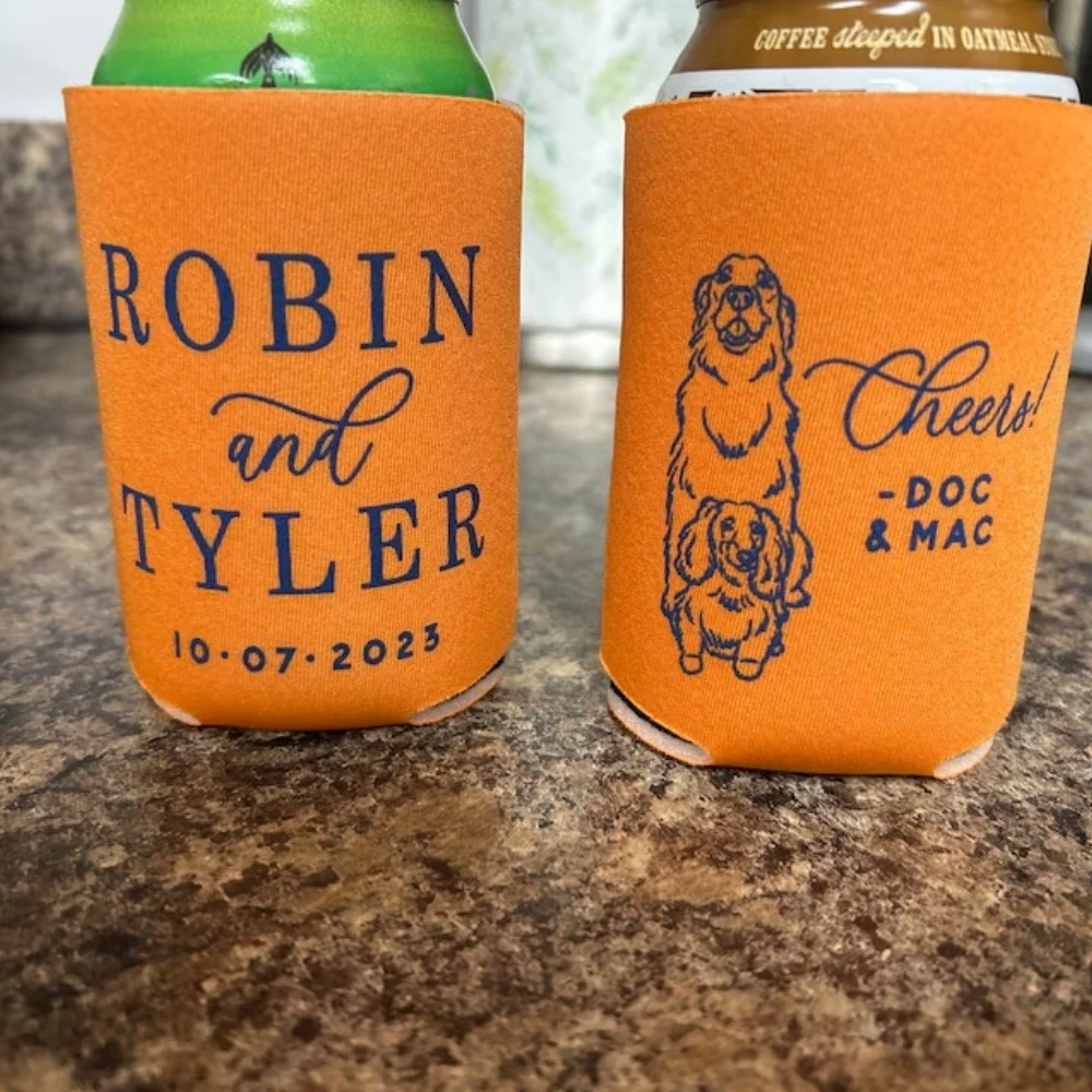 

Custom Wedding Can Cooler, Cheers, Beverage Insulators, Beer Huggers, Wedding Favor, Beer Holder, Custom Pet Illustration