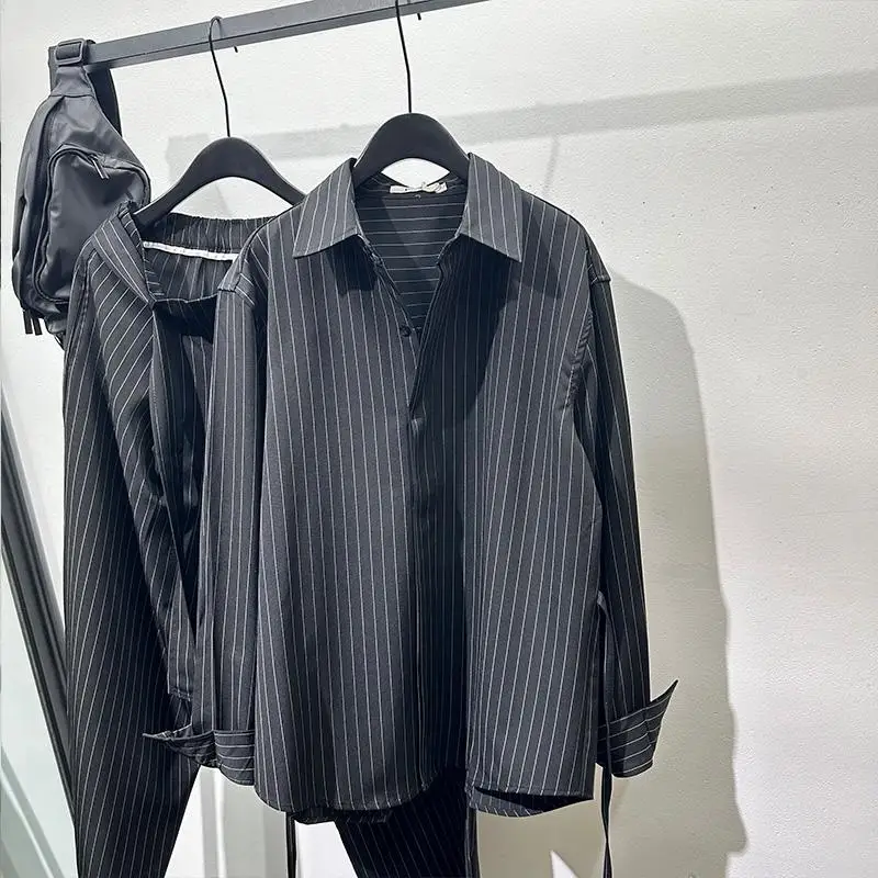 Fashionable Loose and Simple Style Vertical Stripes Casual Suit Popular Retro Workwear Shirt Two-Piece Fashion