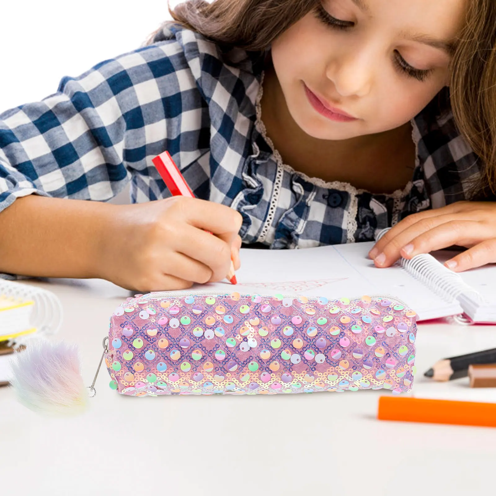 Estuche con purpurina rosa, bolsa de papelería para lápices para estudiantes, bolsa de almacenamiento de bolígrafos portátil ligera, ganizer de maquillaje, suministros de arte con lentejuelas