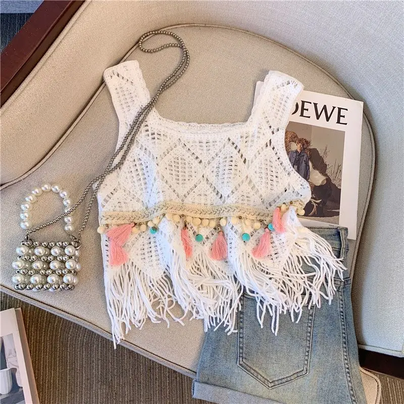 بروتيل بوهيمي منسوج للنساء ، توب قصير من الكروشيه ، شرابة مجوفة ، طراز عرقي ، صناعة ثقيلة ، جديد ، صيف