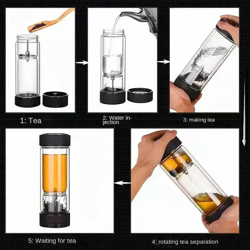 Sixth Generation Tea Love Double-Layer Glass Tea and Water Separation Rotating Positioning Glass Transparent Thermos Cup