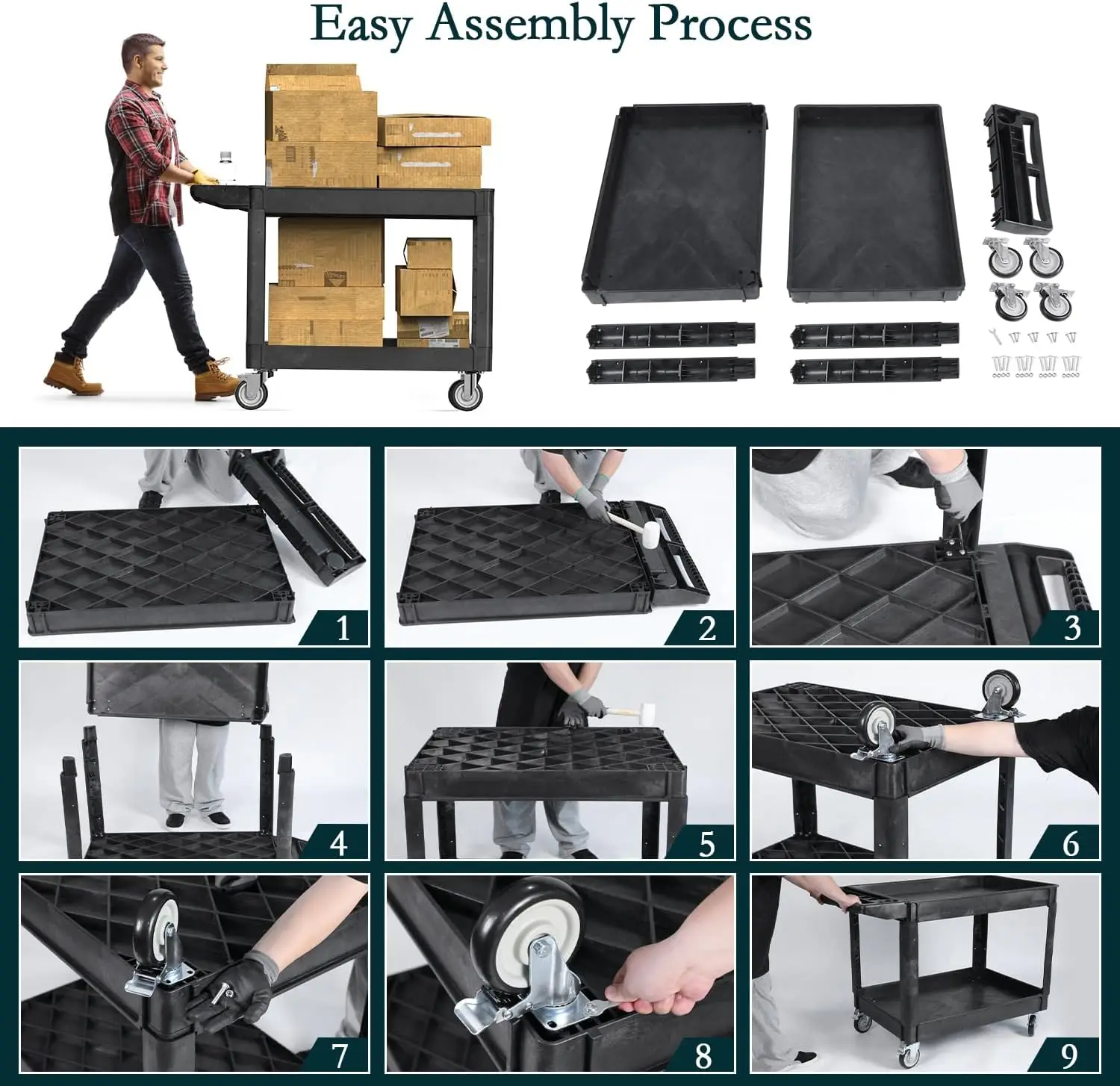 Carrinho utilitário ultra robusto de 2 camadas, serviço de rolamento resistente com 4 rodas omnidirecionais, capacidade de carga de 500 libras, plástico durável