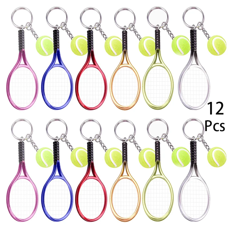 12Pcs Mini Tennis Racket Keychain with Tennis Ball Tennis Racket Ball Keyrings Sports Key Ring Athletes Souvenir