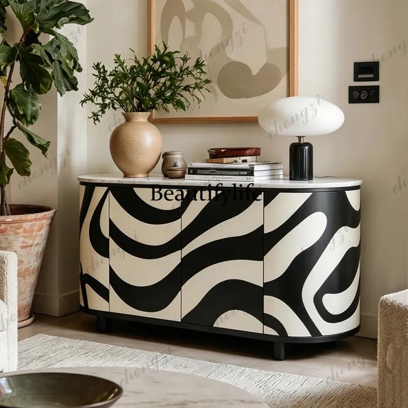 Italian light luxury marble porch cabinet, living room decorative locker, wave pattern dining side cabinet