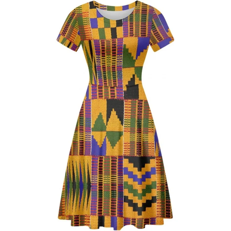 

Kente African Ethnic Tribal Print Short Dress for Women Plus Size Colorful Bright Triangle Geometric Dress