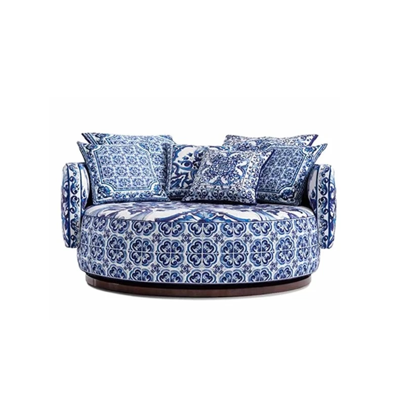 

High-end blue and white porcelain fabric sofa designer villa mansion artistic sense new Chinese-style home backrest