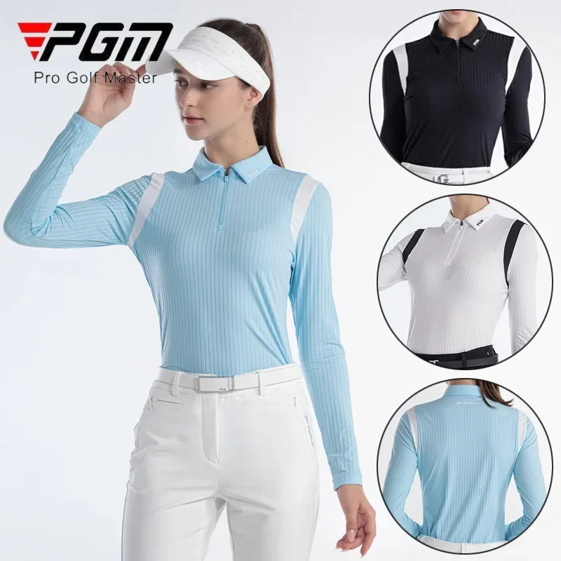 

PGM Women Patchwork Golf Shirt Ladies Stripe Long Sleeve T-shirt Women Slim Zipper Collar Tops Elastic Breathable Sportswear