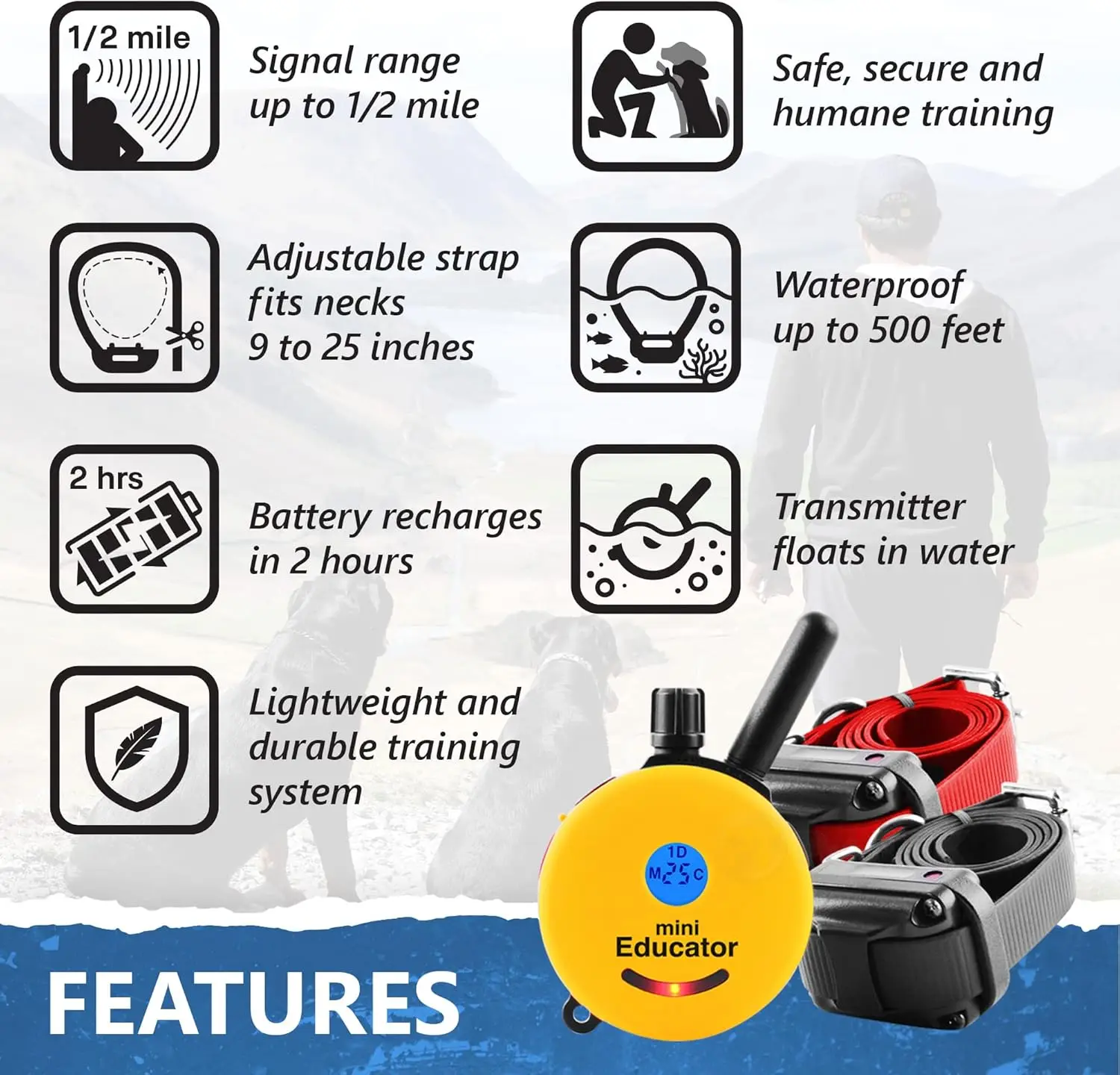 ET-302 1/2 Mile Rechargeable Dog Trainer Ecollar with Remote for Small, Medium, and Large Dogs by E-Collar Technologies