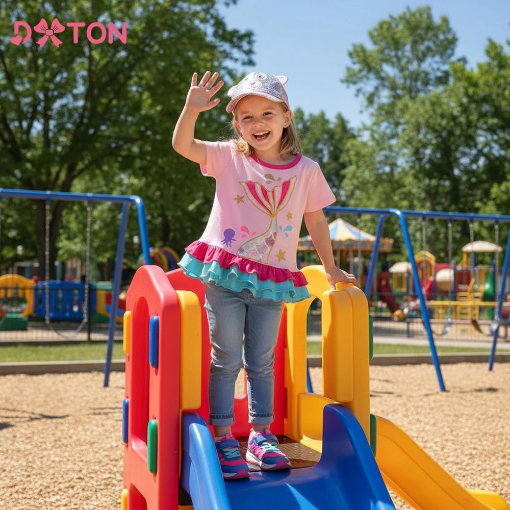 

DXTON Mermaid Design Children Summer Tees Cotton Girls Short Sleeve Tops Wear Ruffled Patchwork Pink Kids Girls O-neck T-shirts