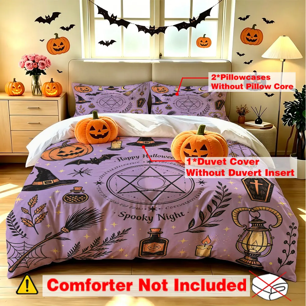 3PCS Duvet Cover Set Halloween Purple Pumpkin Bat Witch Pentagram Magic Bedding Set Gothic Bedroom Decor