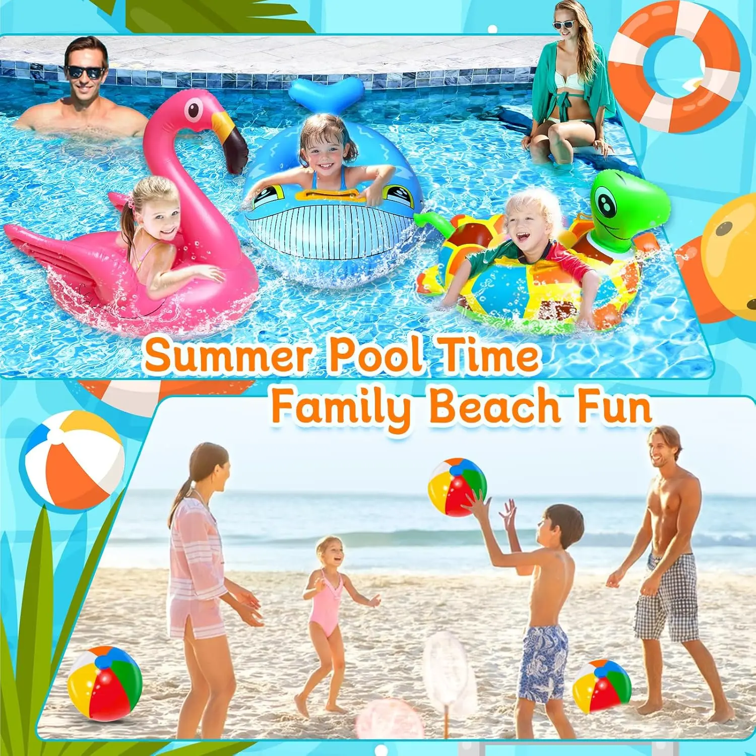 Paquete de 3 flotadores inflables para piscina con 3 pelotas de playa, juguetes para niños pequeños de 1 a 4 años, anillos de natación para paseo de animales con mango de asiento de seguridad