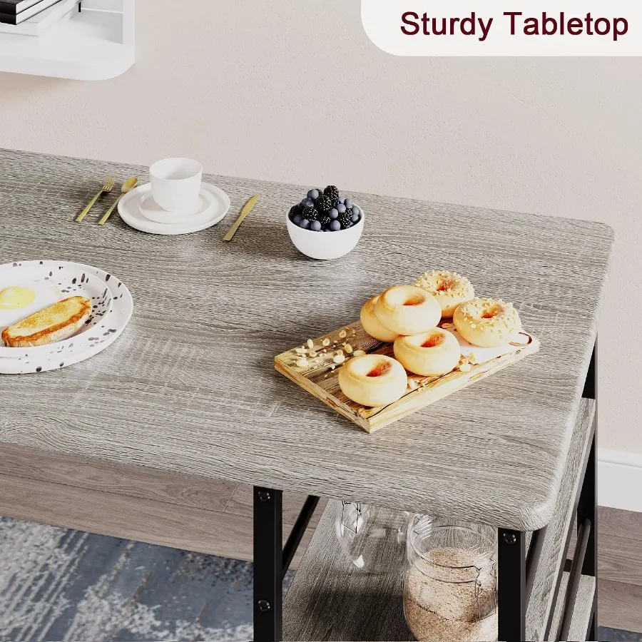3-Piece Bar Table Set with Storage Shelves for Small Spaces, Kitchen, Apartment: Grey MDF Table 2 PU Stools, Space-Saving Desig