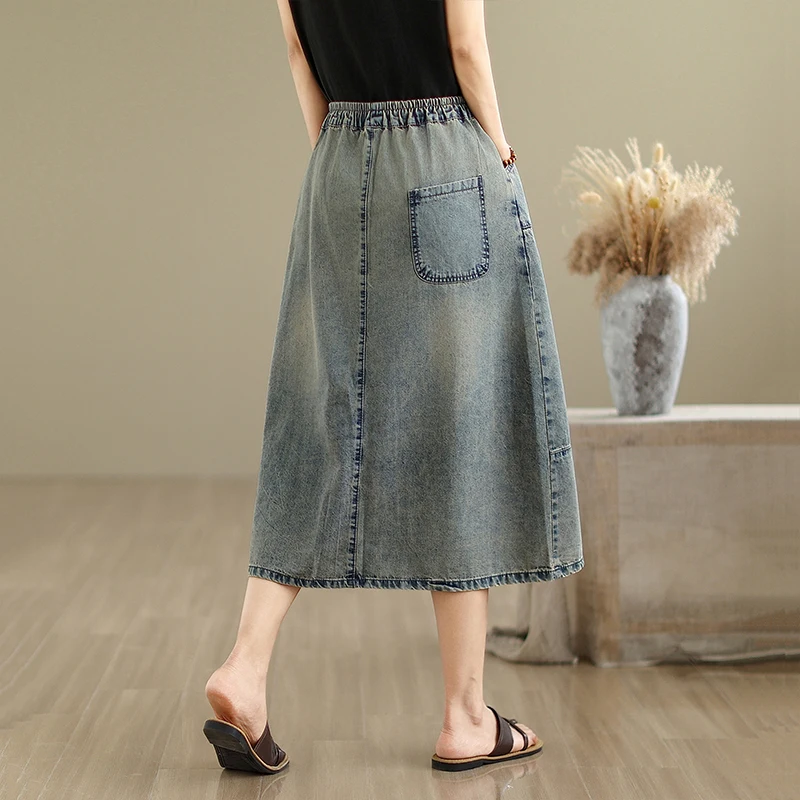 빈티지 자수 데님 롱 스커트 여성 캐주얼 루즈 빅 사이즈 스트레이트 청바지 스커트 레트로 스트레치 허리 a 라인 Faldas Largas