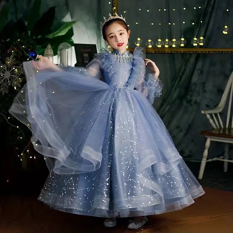 Children Girls Lace Long Sleeve Princess Evening Dress Prom Wedding Birthday Party Flower Girl Dresses for Weddings Vestido