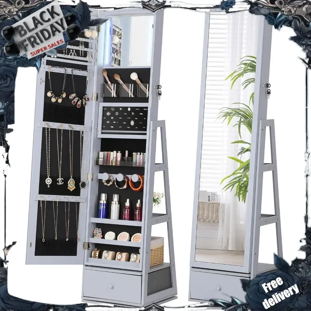 360° Swivel Jewelry Cabinet with Lights, Touch Screen Vanity Mirror, Rotatable Full Length Mirror with Jewelry Storage